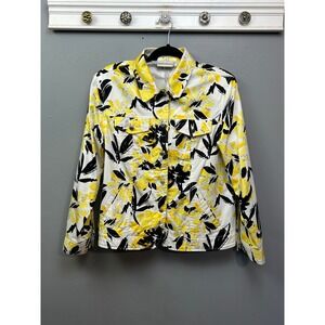 Floral Print Jean Jacket in Yellow, Black & White